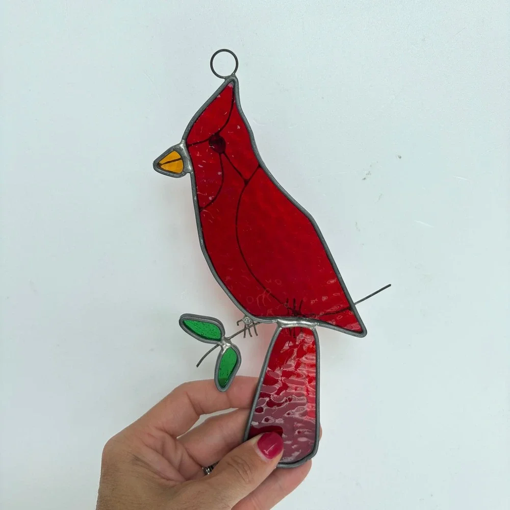 Vintage Stained Glass Cardinal Suncatcher Red Bird Window Hanging Decor 8 inch